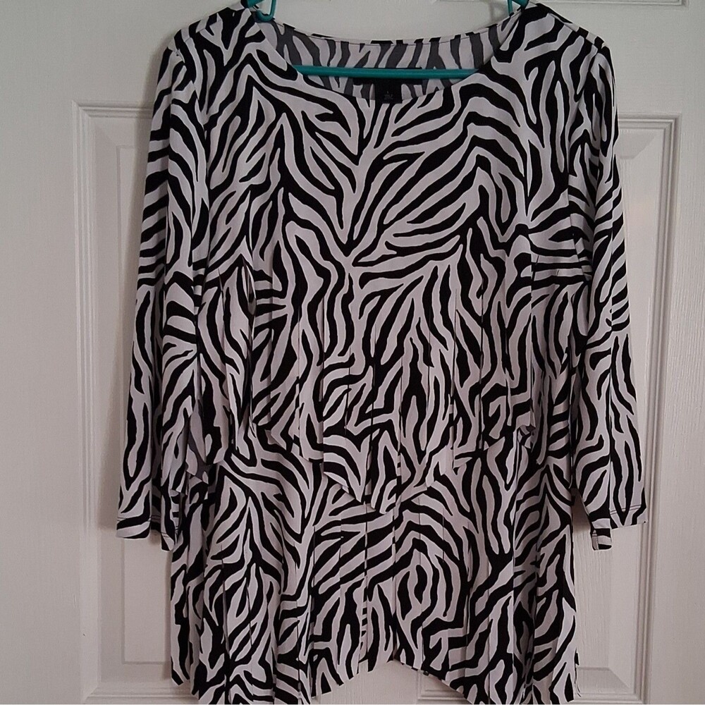 Ali Miles Zebra Print Fringe Top Black White 3/4 Sleeve Lagenlook Large Exc.